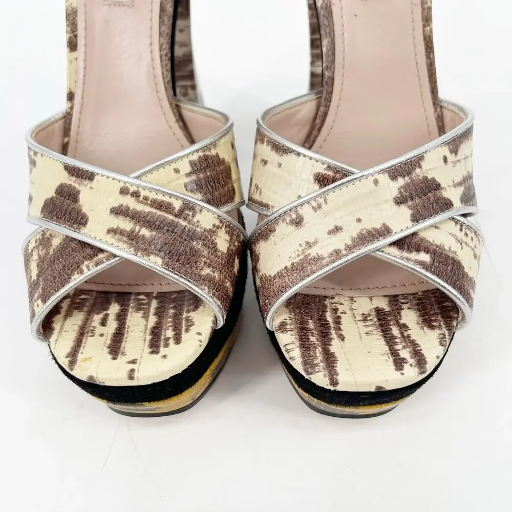 Miu Miu Beige Black Gold Teju Lizard Embossed Platform Sandals Heels IT 39.5